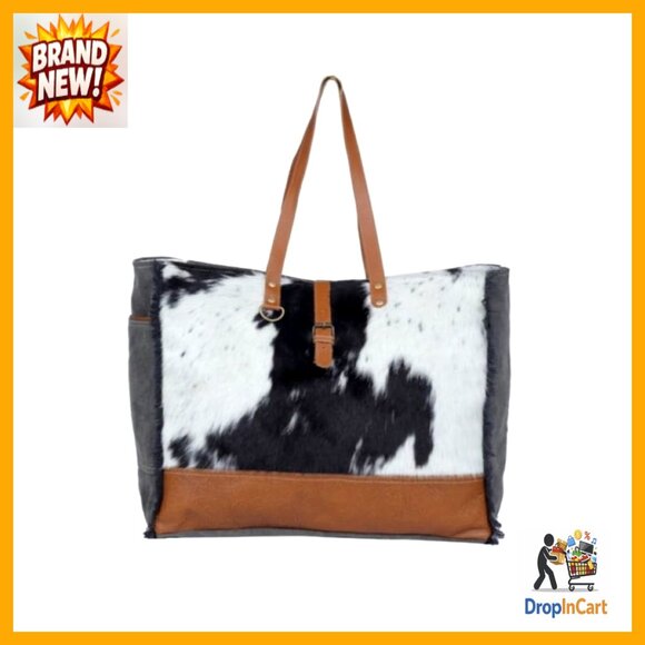 Leather Canvas Hair-On Tote Shoulder Bag Elegant Chic Practical Large Capacity